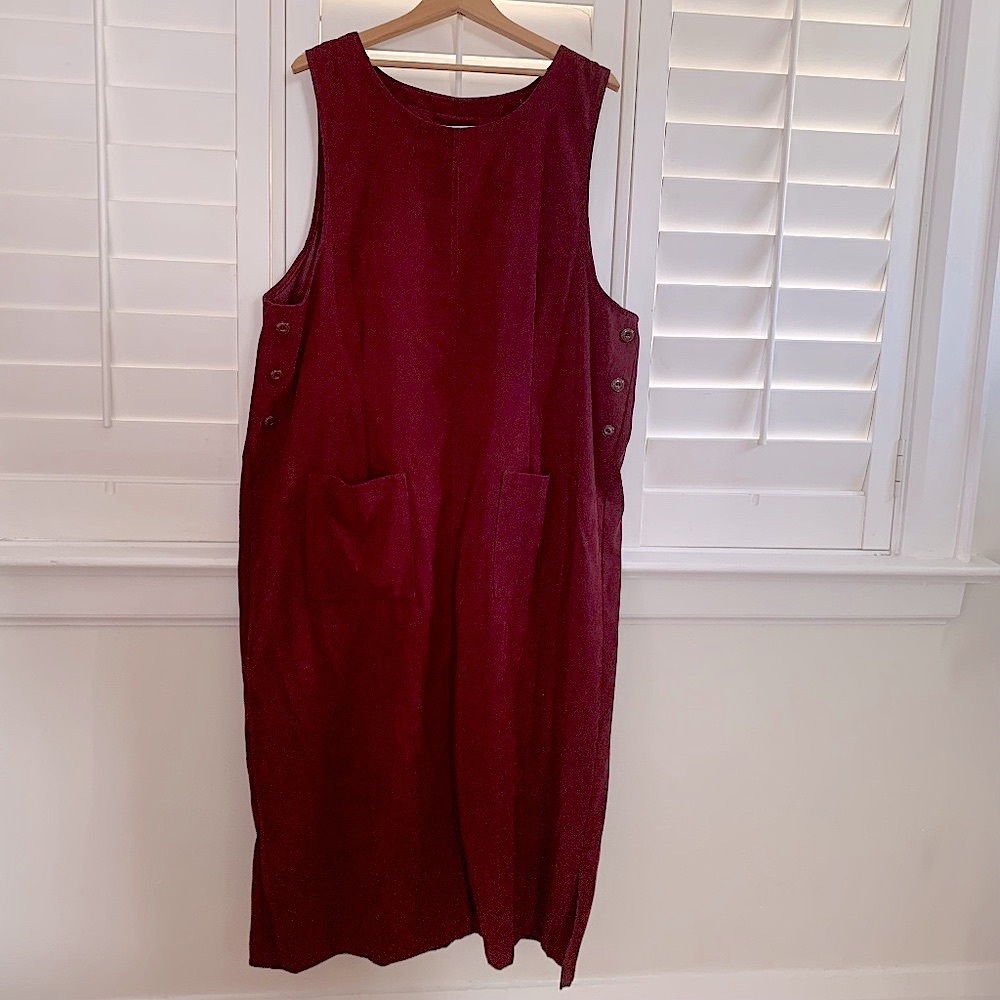 Vintage 80s rich burgundy maxi suede-like dress with front pockets